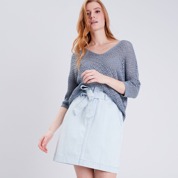 Jupe paperbag en jean denim bleach femme