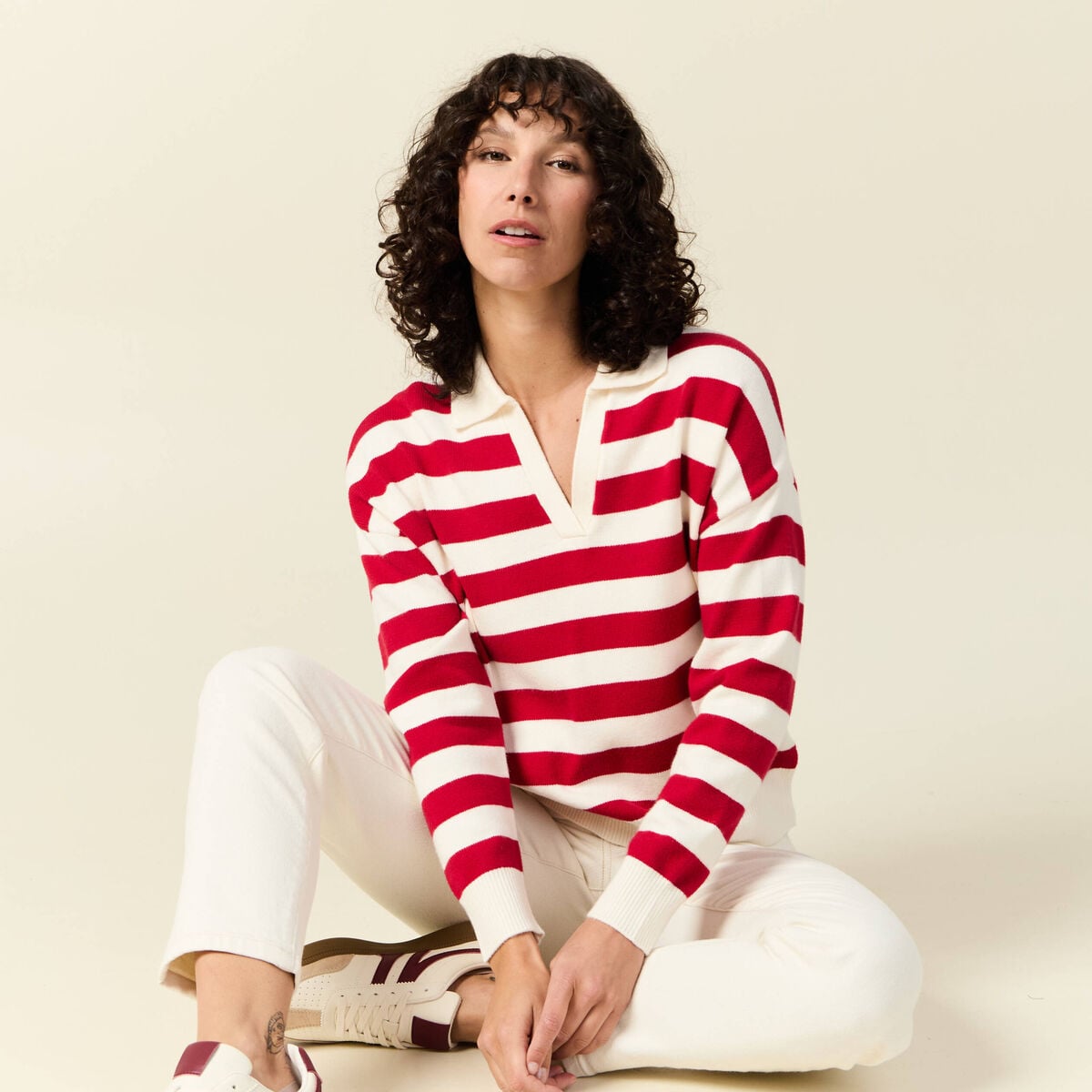 Pull manches longues col polo ecru femme