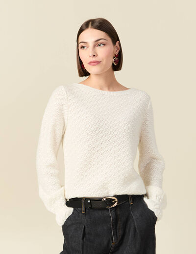 Pull ajour&eacute; col bateau manches longues ecru femme