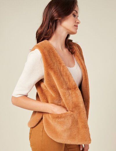 Veste droite fausse fourrure marron femme