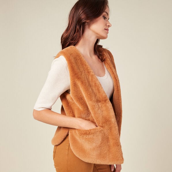 veste droite fausse fourrure marron femme Veste droite fausse fourrure marron femme
