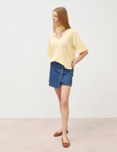 T-shirt col v manches courtes en coton jaune clair femme