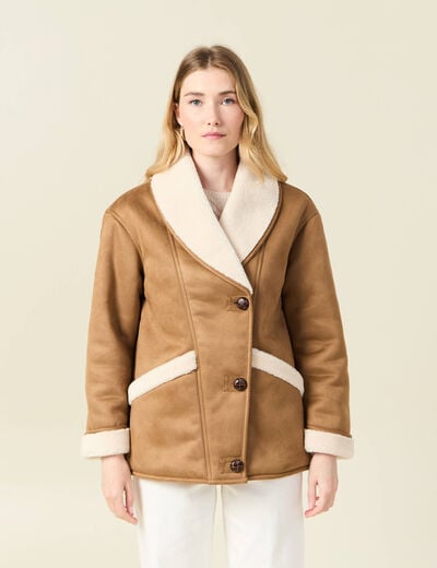 Manteau suédine col châle marron femme