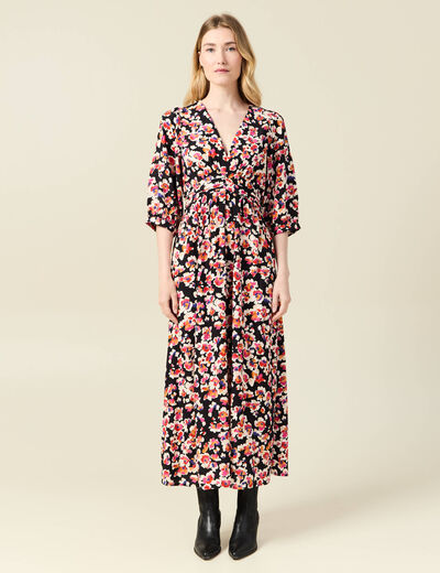 Robe longue évasée fluide noir femme