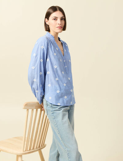 Blouse manches longues en coton brod&eacute; bleu gris femme
