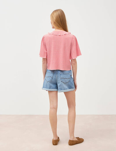 T-shirt col V &agrave; volants manches courtes rouge fonc&eacute; femme