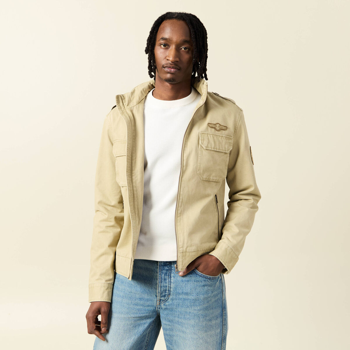 Blouson style biker zipp&eacute; beige homme