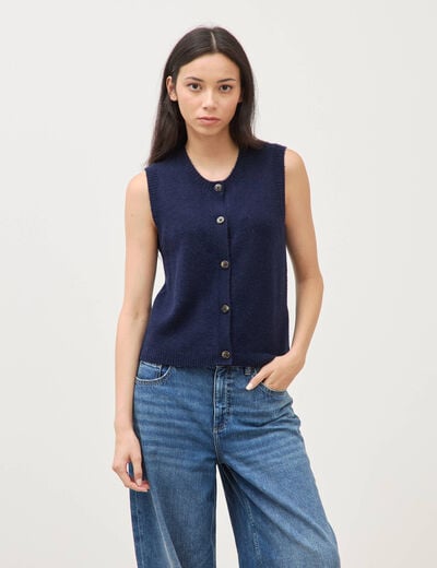 Pull droit court sans manches col rond bleu marine femme