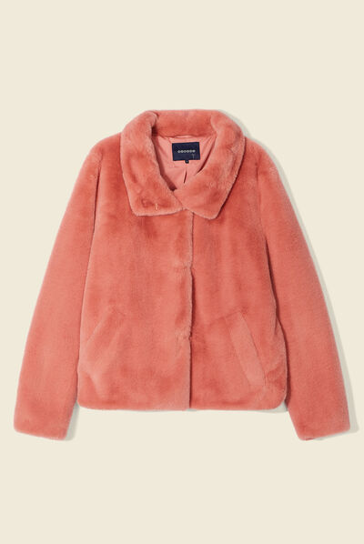 Manteau droit fausse fourrure rouge clair femme