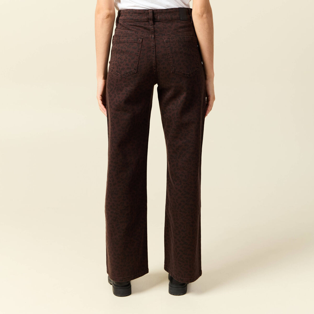 Pantalon large taille haute en jeans marron cognac femme