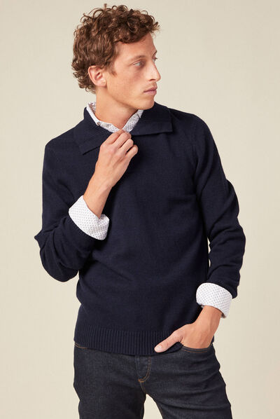 Pull manches longues col polo bleu marine homme