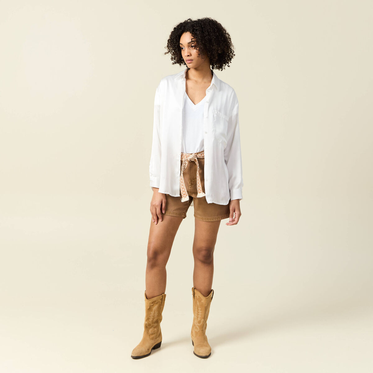 Short boyfriend ceintur&eacute; jean vert kaki femme