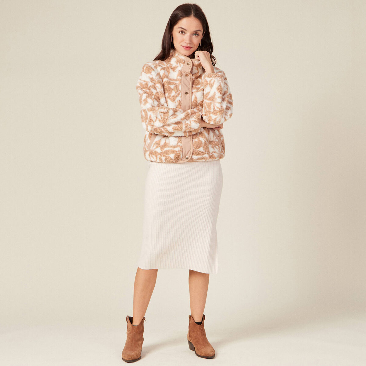 Jupe tricot midi ajustée beige femme