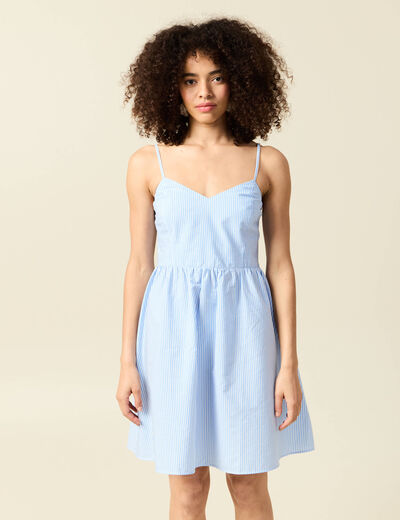 Robe évasée col V sans manches en coton bleu femme