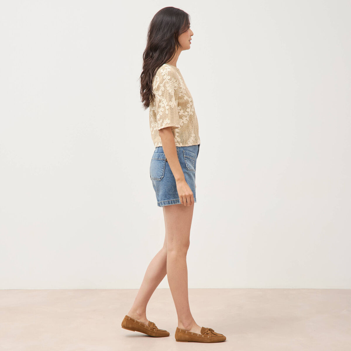 T-shirt brod&eacute; col rond manches 3/4 beige femme
