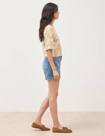T-shirt brod&eacute; col rond manches 3/4 beige femme