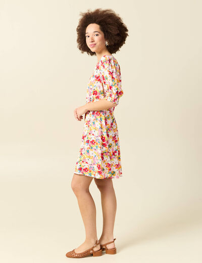 Robe fluide col v manches courtes rose framboise femme