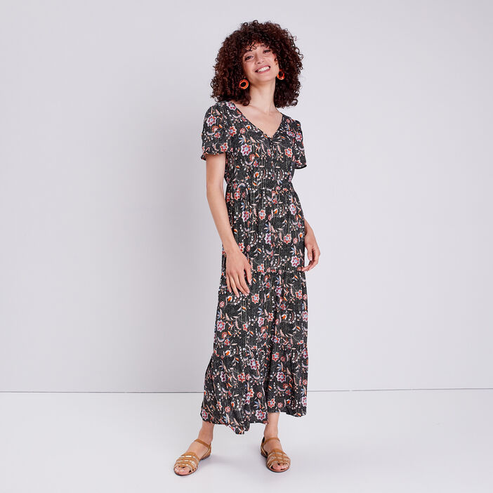 Robe longue droite à col en V noir femme