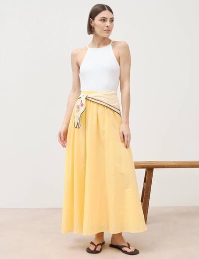 Jupe longue &eacute;vas&eacute;e en coton doubl&eacute;e jaune clair femme