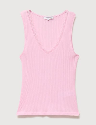 D&eacute;bardeur col v bretelles dentelle rose clair femme