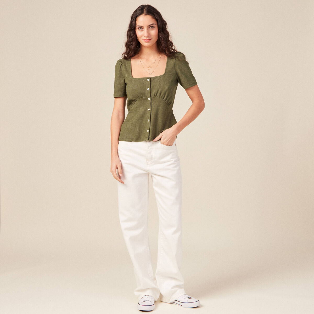 T-shirt manches courtes vert kaki femme