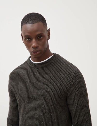 Pull col rond manches longues en coton vert kaki homme