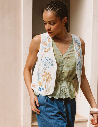 Gilet sans manches col v broderie ecru femme