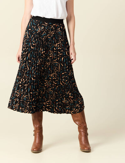 Jupe midi évasée plissée noir femme