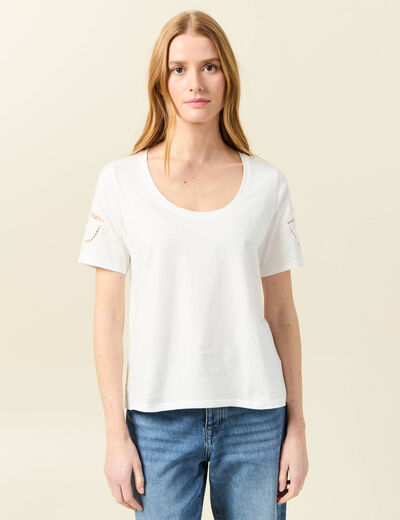 T-shirt manches courtes brodé ecru femme