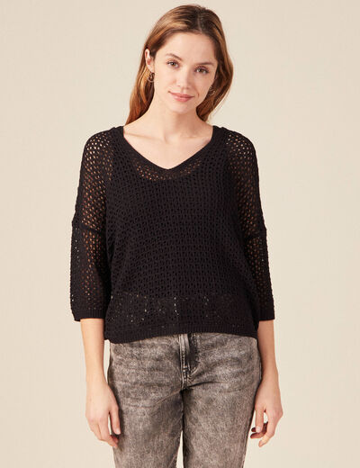 Pull ajour&eacute; col v manches 3/4 noir femme