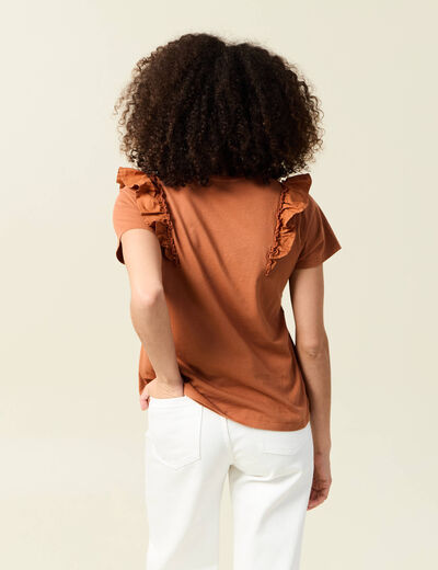 T-shirt en coton manches courtes marron cognac femme