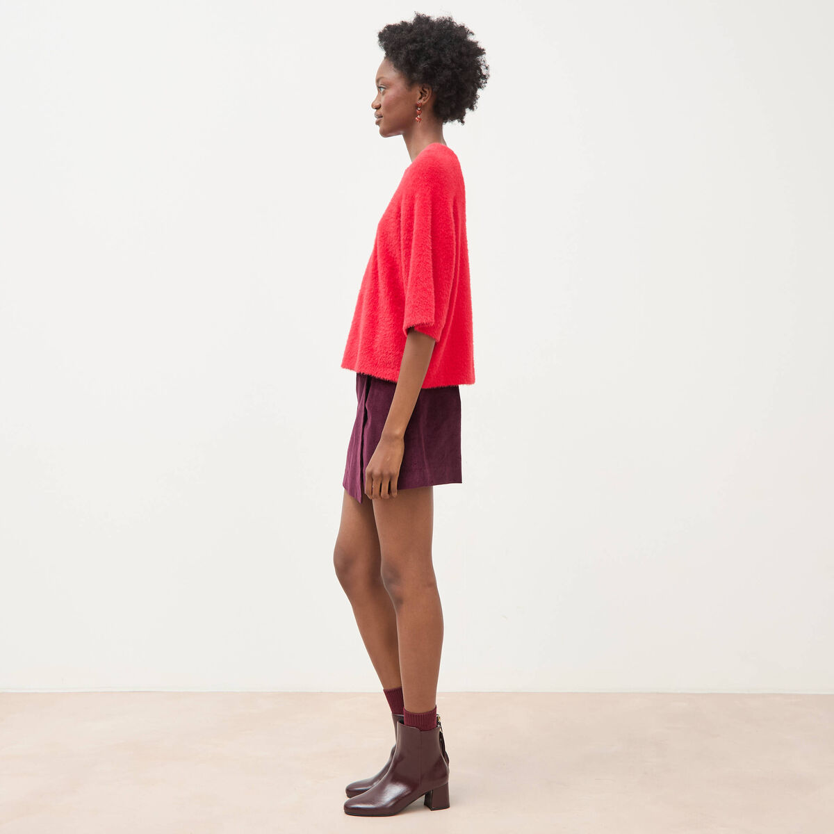 Pull droit manches 3/4 col rond rouge femme