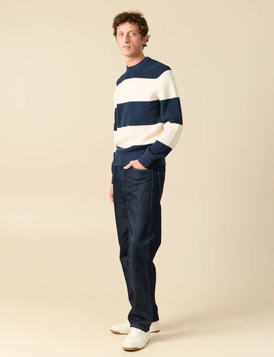 Pull fin ray&eacute; manches longues col rond bleu marine homme