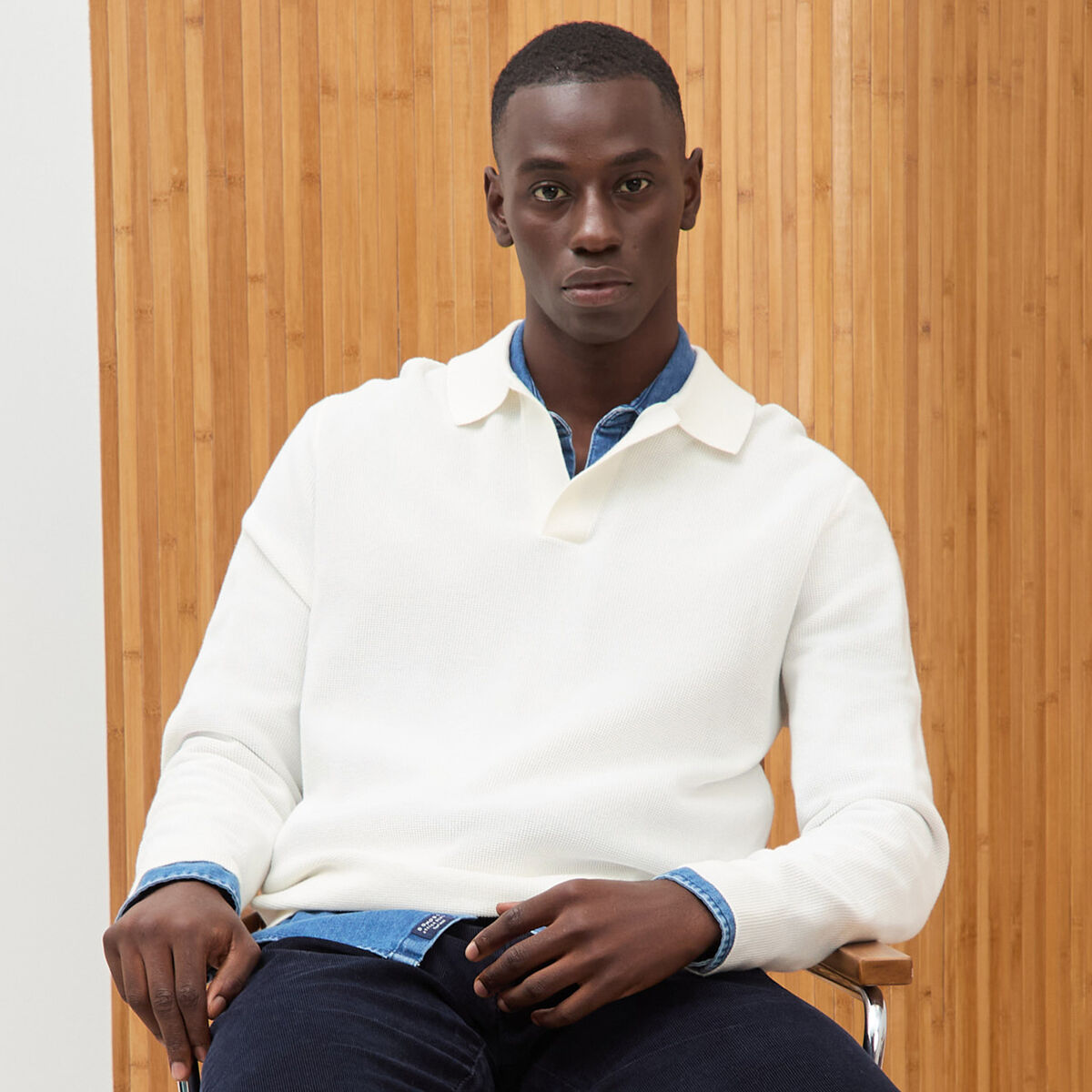 Pull droit col polo manches longues ecru homme