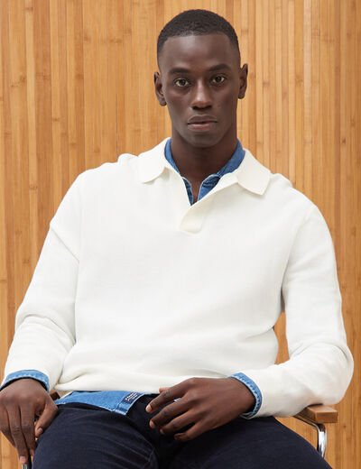 Pull droit col polo manches longues ecru homme