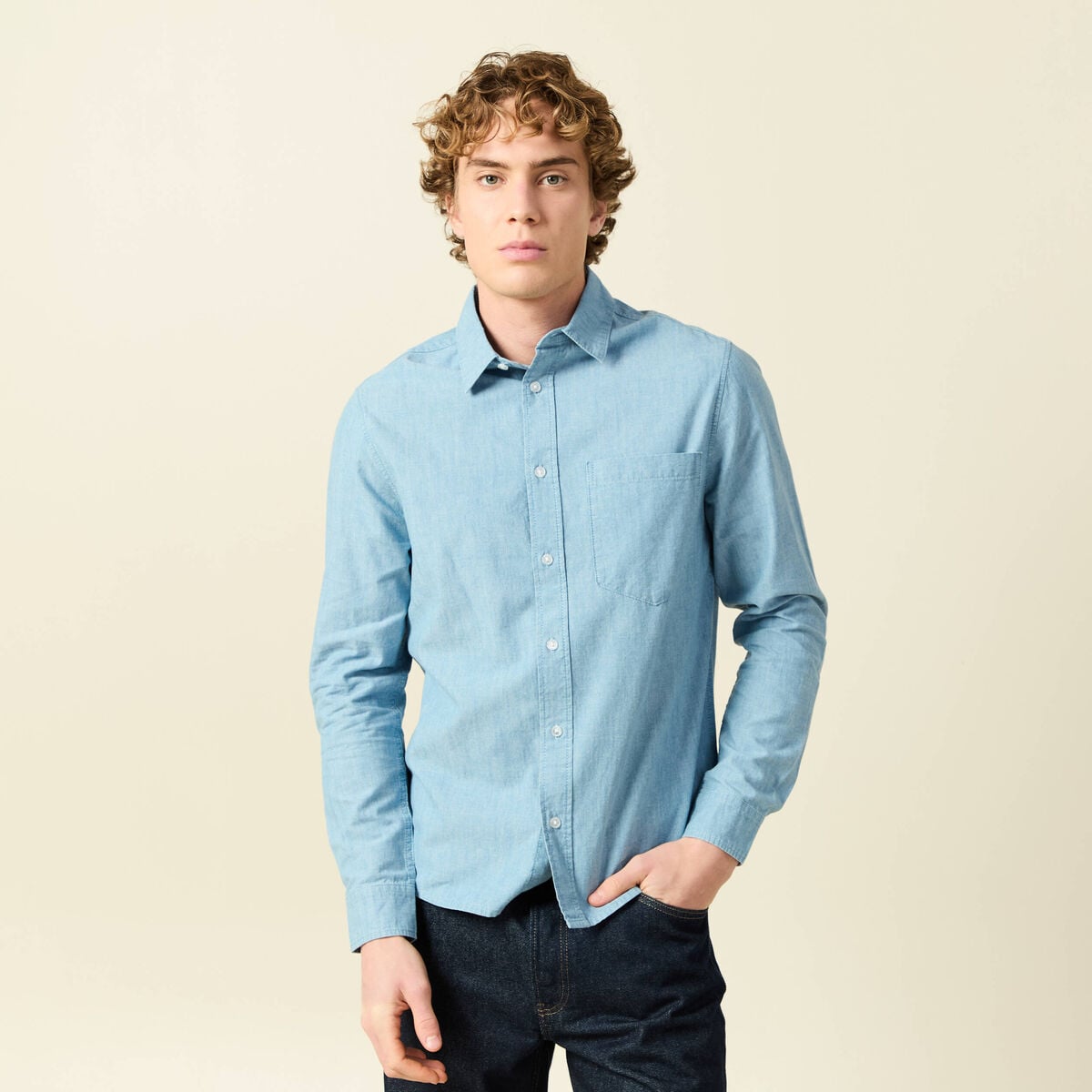 Chemise en coton manches longues denim bleach homme