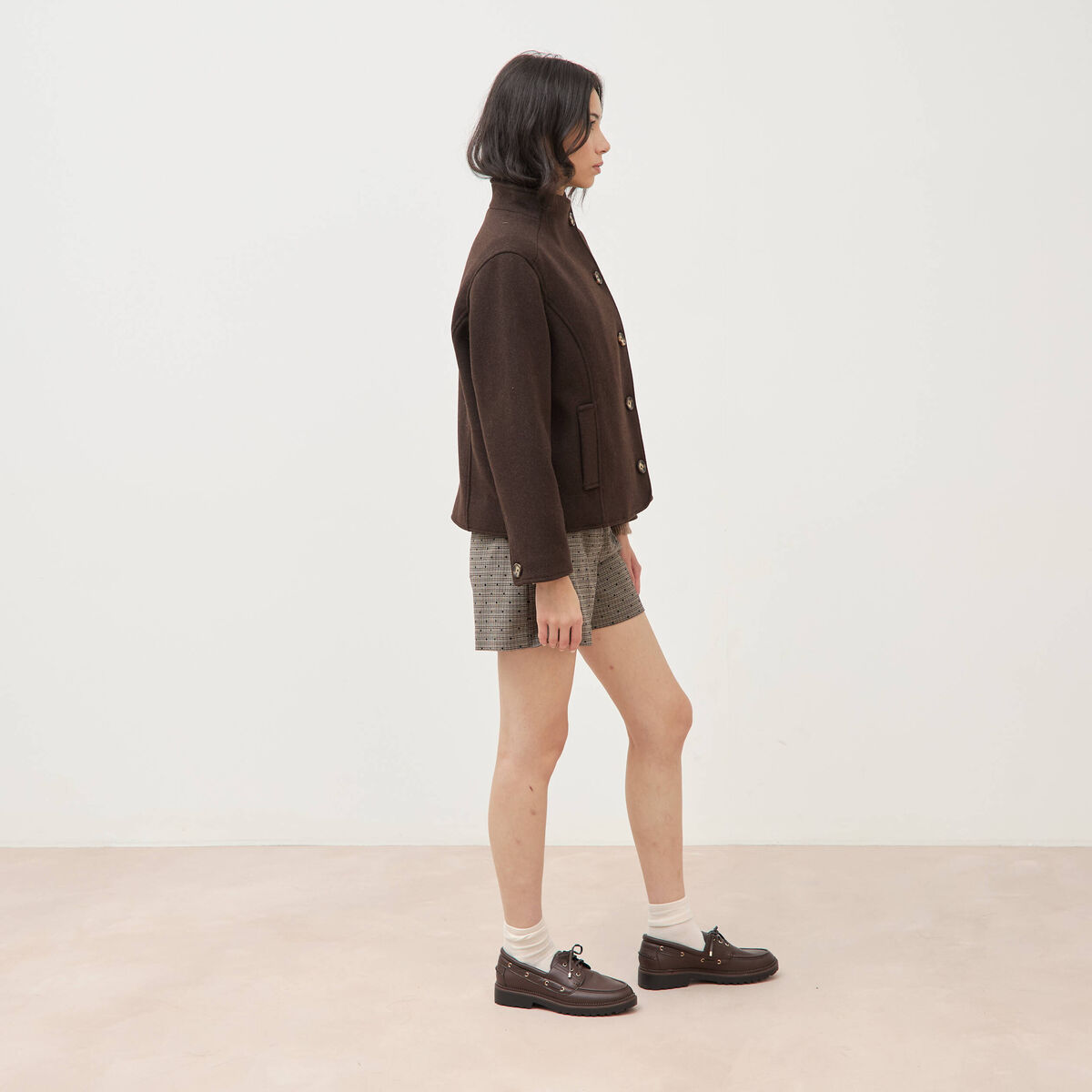 Veste oversize courte col tailleur marron fonc&eacute; femme