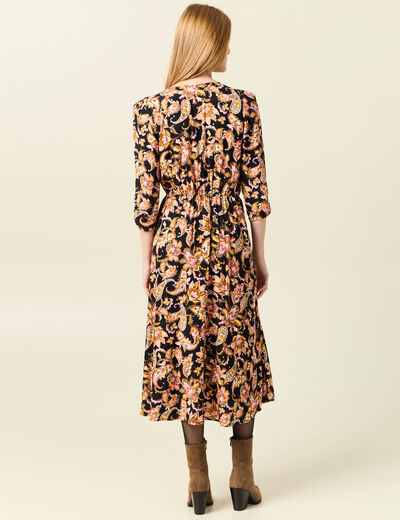 Robe midi évasée manches 3/4 noir femme