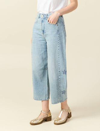 Jeans slouchy brodé 7/8ème denim bleach femme