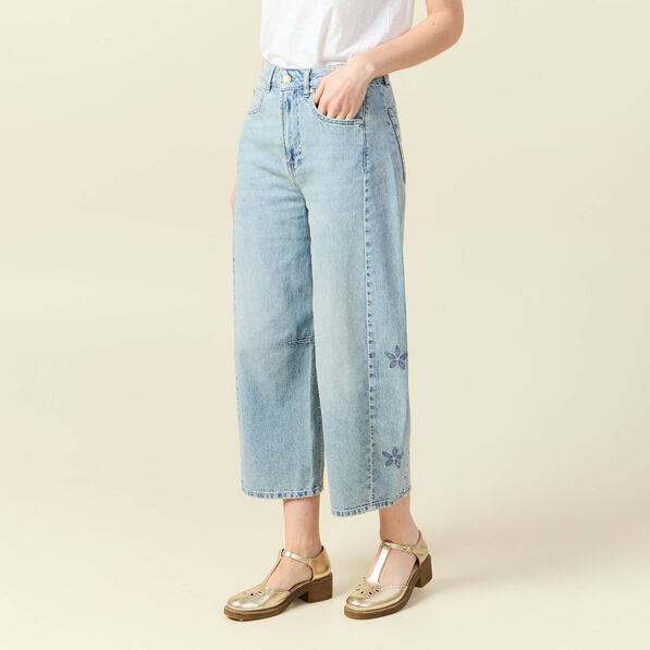 Jeans slouchy brodé 7/8ème denim bleach femme
