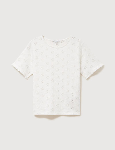 T-shirt droit col rond broderie coton ecru femme