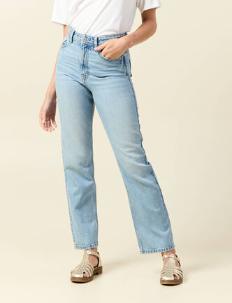 Jeans straight taille haute 7/8ème denim baby bleu femme