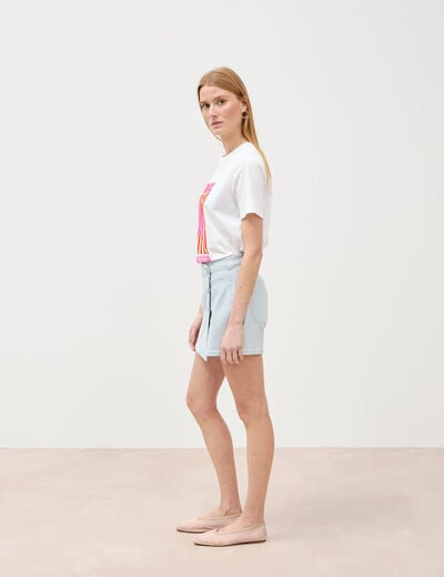 Jupe-short taille haute en jeans denim bleach femme