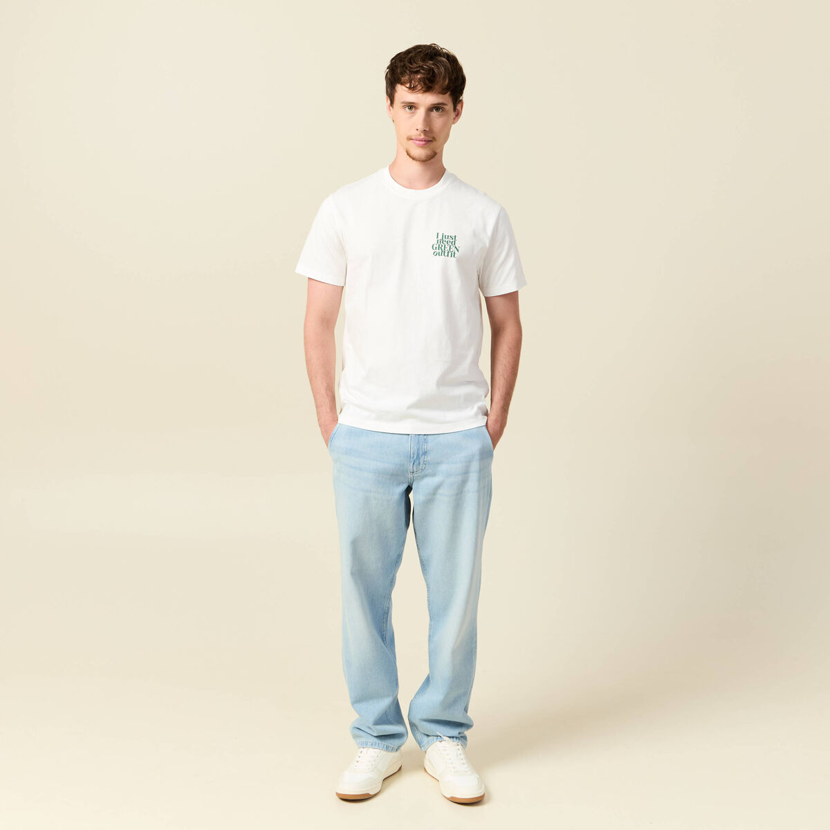 Chino droit longueur 32 en coton denim bleach homme