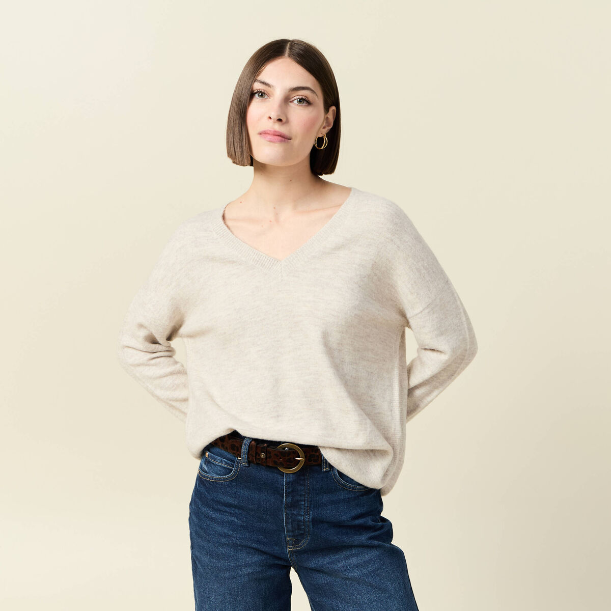 Pull manches longues col en V creme femme