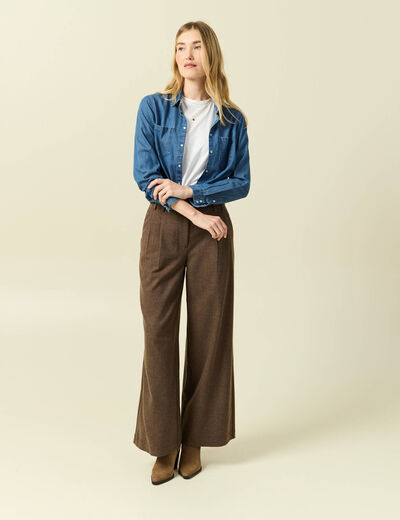 Pantalon large taille haute marron fonc&eacute; femme