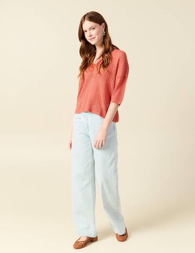 Pull ajour&eacute; col v manches 3/4 rouge fonc&eacute; femme