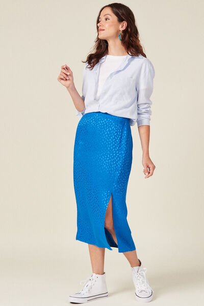 Jupe longue droite fendue bleu electrique femme