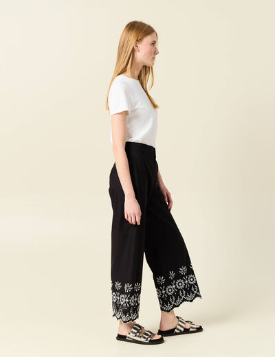 Pantalon large brodé 7/8ème noir femme