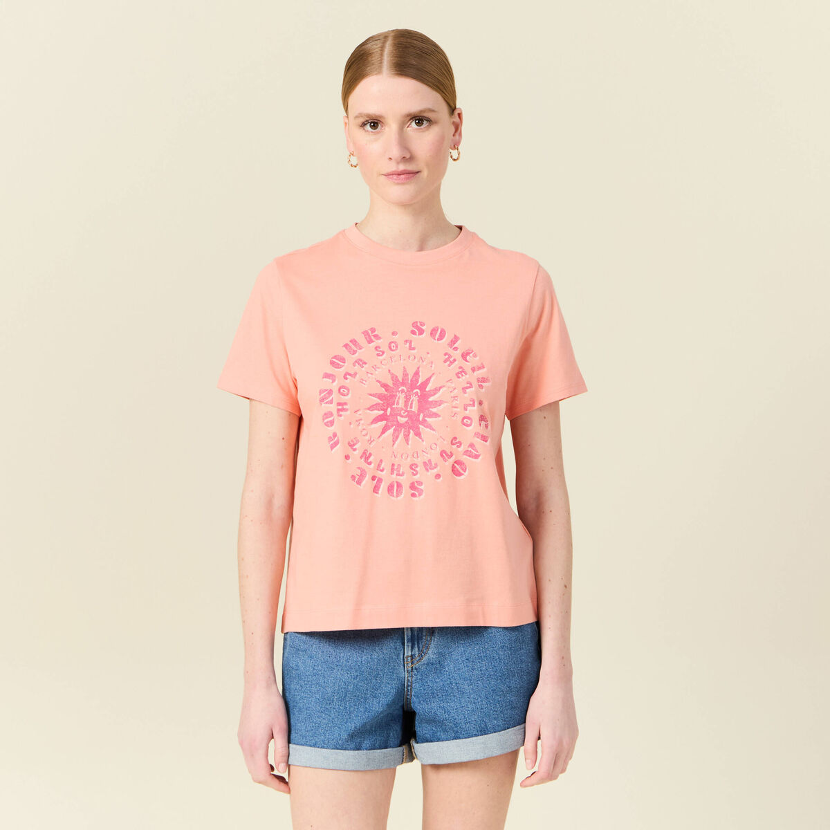 T-shirt en coton manches courtes rose corail femme